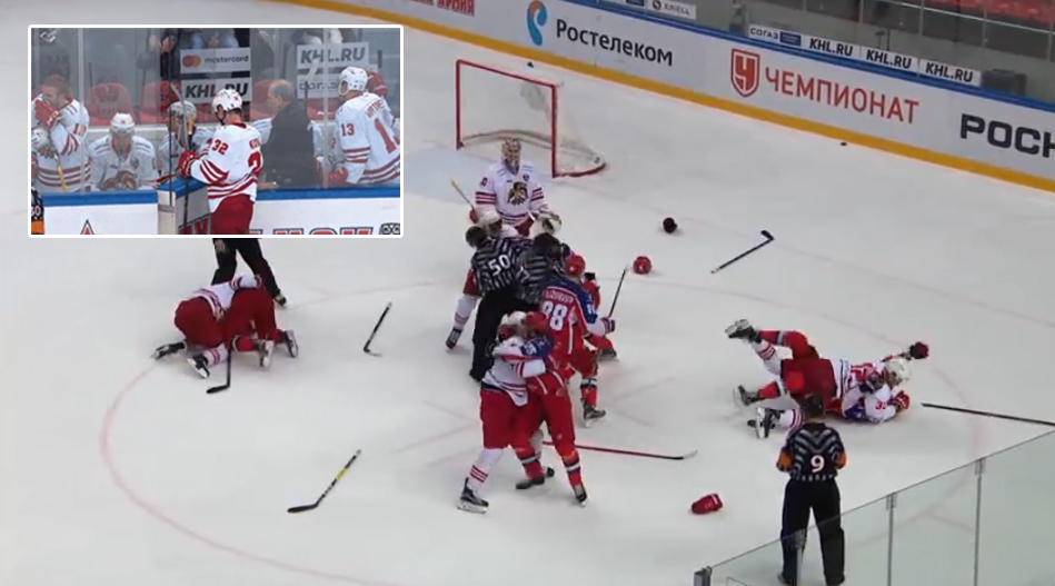 Hromadná bitka v prvom Play-off zápase KHL medzi CSKA Moskva a Jokeritom. Trestná lavica bola úplne plná! (VIDEO)