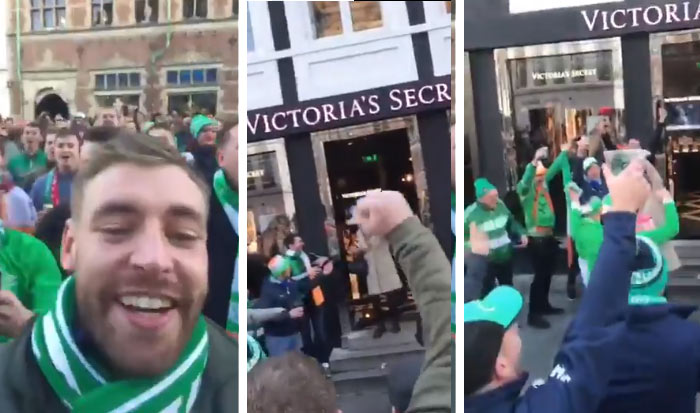 Írski fanúšikovia ukazujú celému svetu, ako sa fandí: Dánska polícia im poďakovala za vzorné správanie. Takto sa bavili pred obchodom Victoria's Secret! (VIDEO)