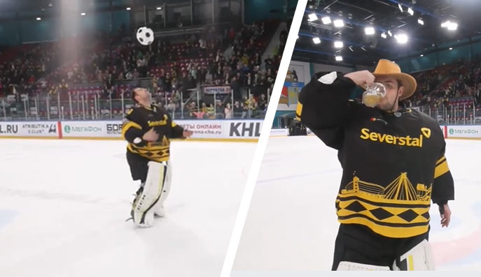 Július Hudáček sa ako Slovák nezaprie. Po ďalšom triumfe v KHL vypil na ľade pivo na ex a zahral si futbal! (VIDEO)