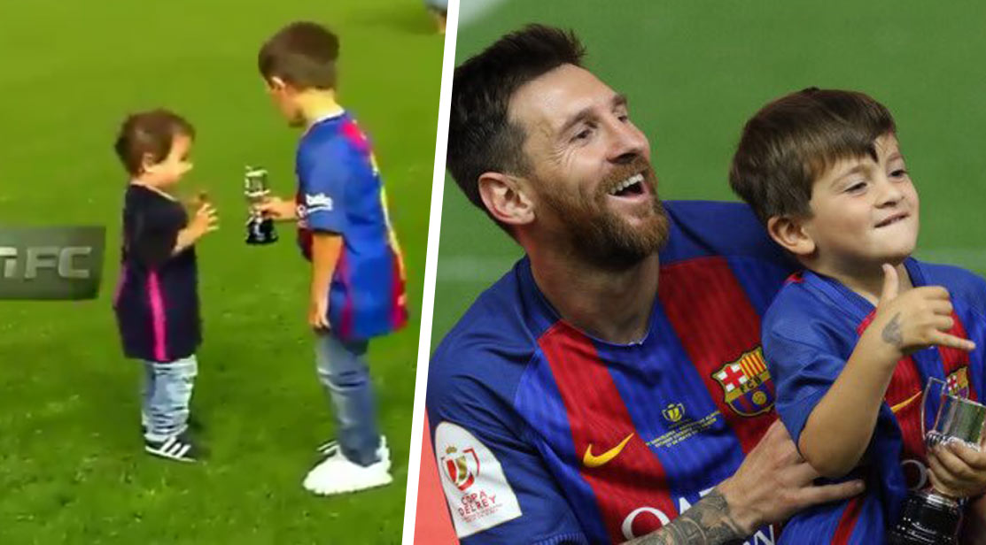 Úsmevné zábery na Messiho synov po triumfe v Copa del Rey. Mladší Mateo bežal za otcom na trávnik a chcel sa napiť z trofeje! (VIDEO)