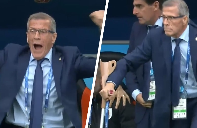 Tréner Uruguaja od radosti po góle zo záveru zápasu oslavoval aj so svojou barlou! (VIDEO)