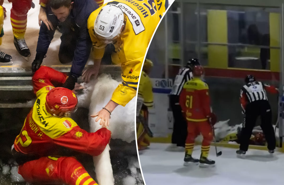 VIDEO: Hokejisti spadli počas zápasu do nádrže pre rolbu