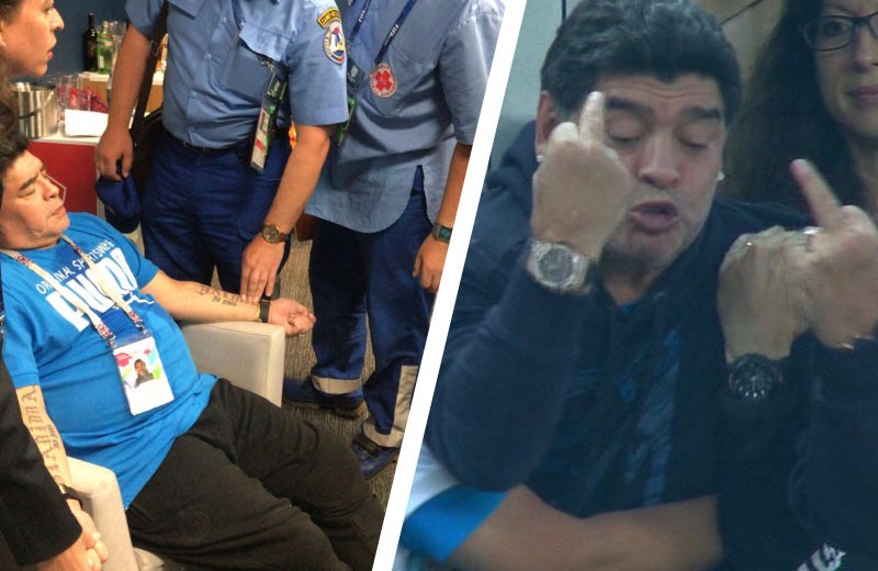 Diego Maradona v zápase Argentíny: Tancovanie, spanie, prostredník a nakoniec odvezenie do nemocnice! (VIDEO)