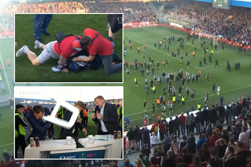 VIDEO: Bitka fanúšikov Sparty a Plzne po finále pohára. Lietali aj stoličky v TV štúdiu