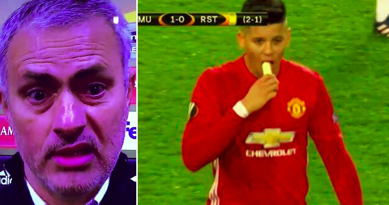 Zvláštna taktika Mourinha: Počas duelu Európskej Ligy poslal na ihrisko banán. Marcos Rojo ho potom zjedol! (VIDEO)