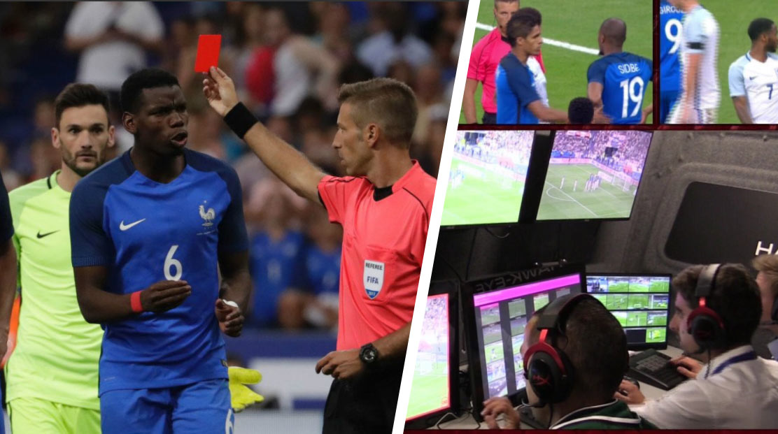 Videorozhodca znovu úradoval. V zápase Francúzska s Anglickom vylúčil Varana a nariadil penaltu! (VIDEO)