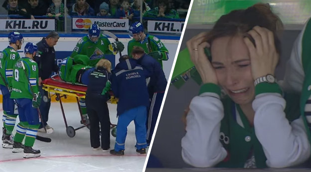 Hororové zranenie kolena hokejistu Ufy v Play-Off KHL. Jeho manželka sa rozplakala! (VIDEO)