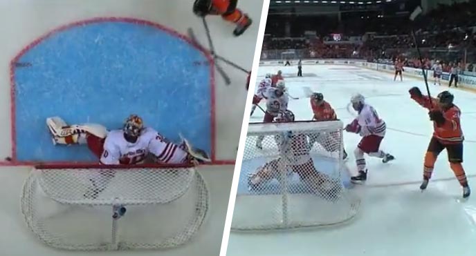 Neuveriteľné šťastie brankára Jokeritu v KHL. Súper sa už radoval z gólu, no puk si to namieril von z bránky! (VIDEO)