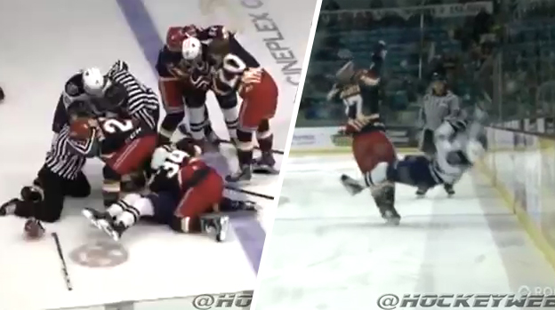 Hromadná bitka hokejistov po mega hite v kanadskej juniorke (VIDEO)