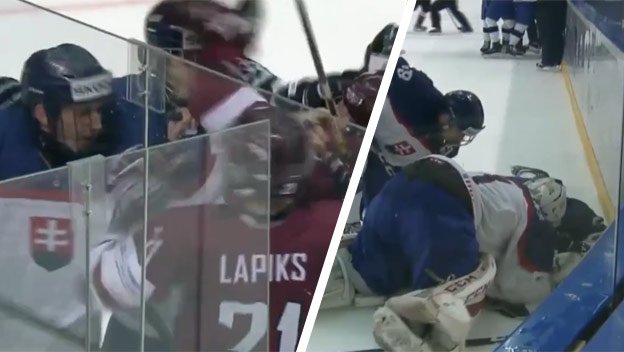 Brutálny zákrok lotyšského hokejistu na nášho Hrehorčáka v úplnom závere zápasu! (VIDEO)