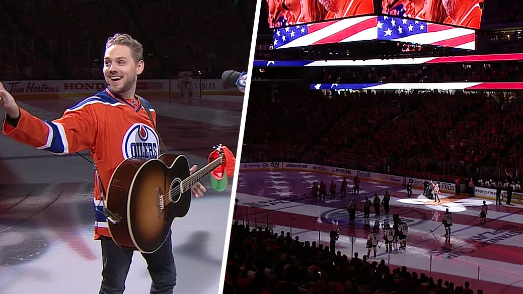 V Edmontone sa pred Play-Off pokazil spevákovi mikrofón. Celý štadión potom zaspieval americkú hymnu! (VIDEO)