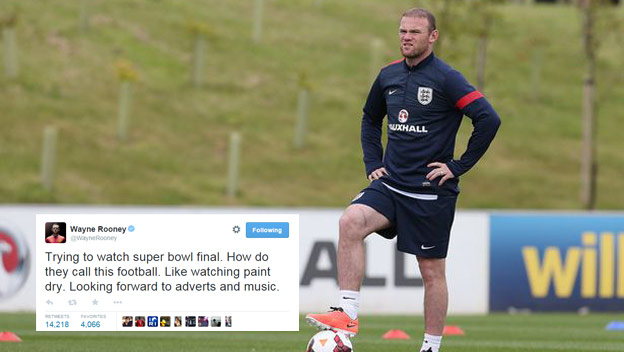 Wayne Rooney na twitteri vtipne okomentoval Super Bowl