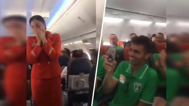 Futbaloví fanúšikovia perfektne rozosmiali letušku, ktorá vysvetlovala bezpečnostné pokyny! (VIDEO)