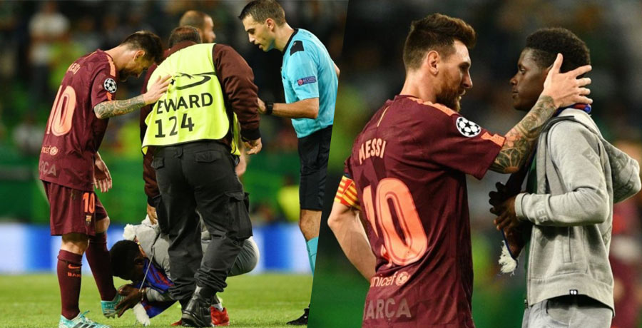 Fanúšik Barcelony skočil na ihrisko a pobozkal nohu Messimu. Argentínčan mu podal ruku a objal ho! (VIDEO)