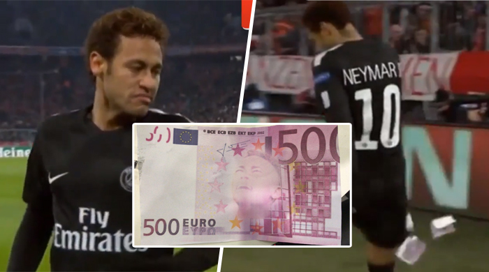 Fanúšikovia Bayernu hodili po Neymarovi upravenú 500 eurovú bankovku s jeho podobizňou! (VIDEO)