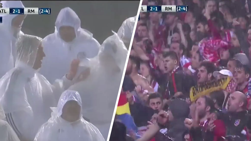 Futbalová vášeň je viac ako zlé počasie. Stačí sa pozrieť na fanúšikov Atletica a Realu počas prietrže mračien! (VIDEO)