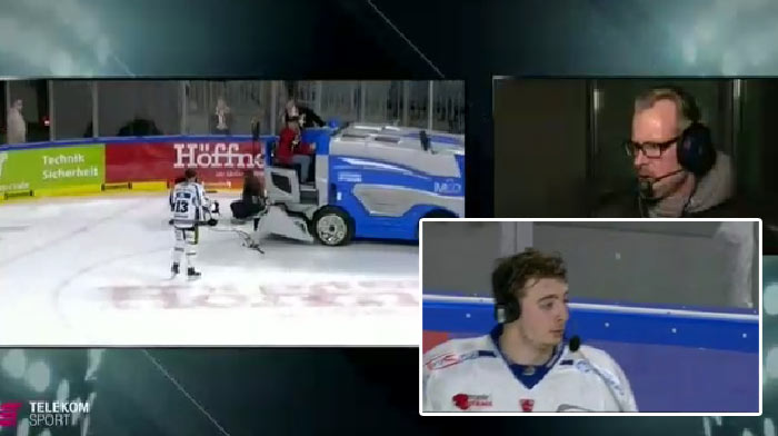 Nemecký hokejista robil po zápase rozhovor na ľade. Takmer ho zrazila rolba! (VIDEO)