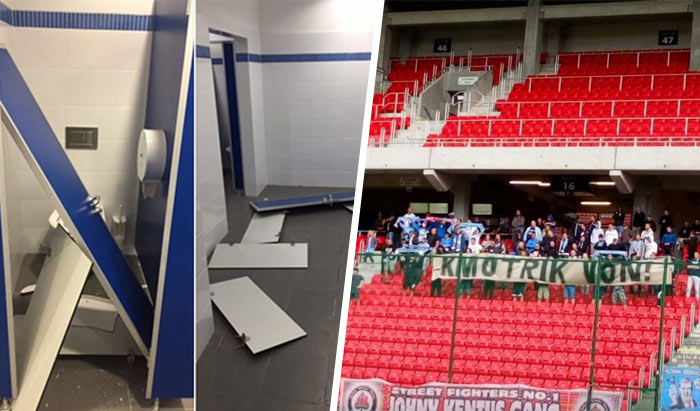 Trnava podáva trestné oznámenie na fanúšikov Slovana, ktorí zdemolovali toalety. Ich reakcia na Facebooku: Môžete nám všetci pobozkať naše belasé jahody!