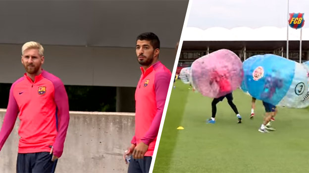 Vtipný tréning Barcelony pred zápasom s Celticom. Hráčov navliekli do nafukovačiek! (VIDEO)